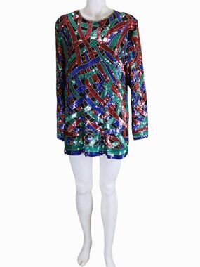Vintage Silk Beaded Sequin Tunic Top Art Deco Mini Dress Size Large